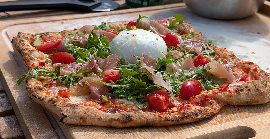 Prostokątna pizza ze świeżymi pomidorkami i burratą na wierzchu